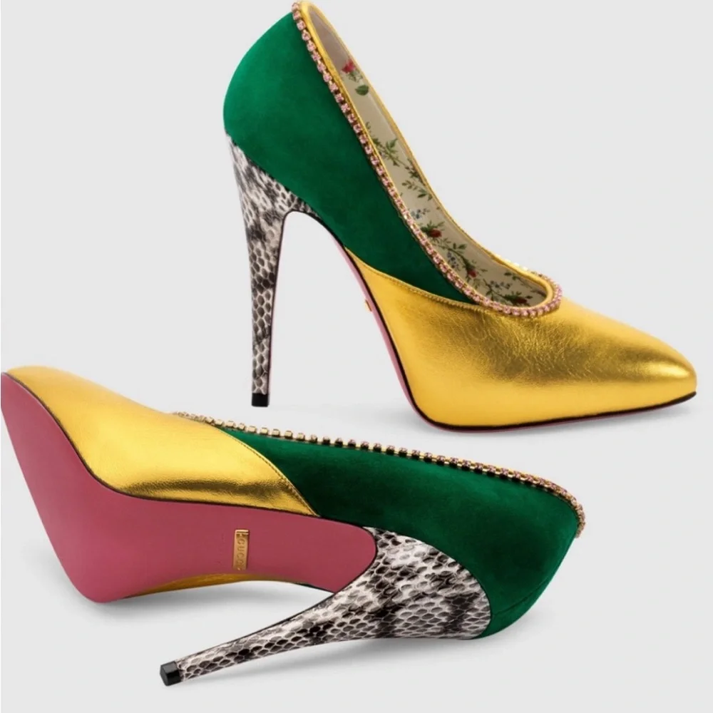 Gucci Metallic Nappa Kid Scamosciato Elaphe Snakeskin Pumps in Emerald Roccia - Picture 10 of 10